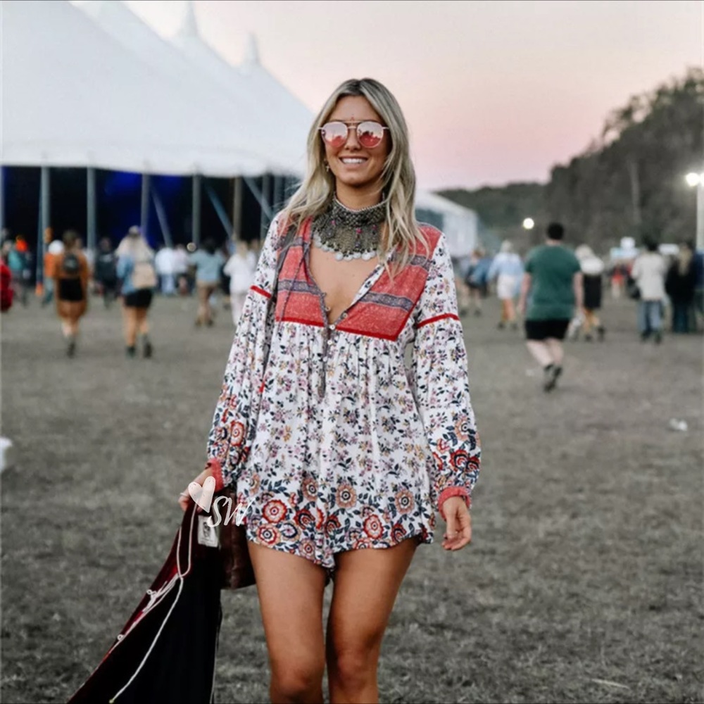 Boho Floral Vintage Gypsy Print 70’s Dress Red - Picture 2 of 13